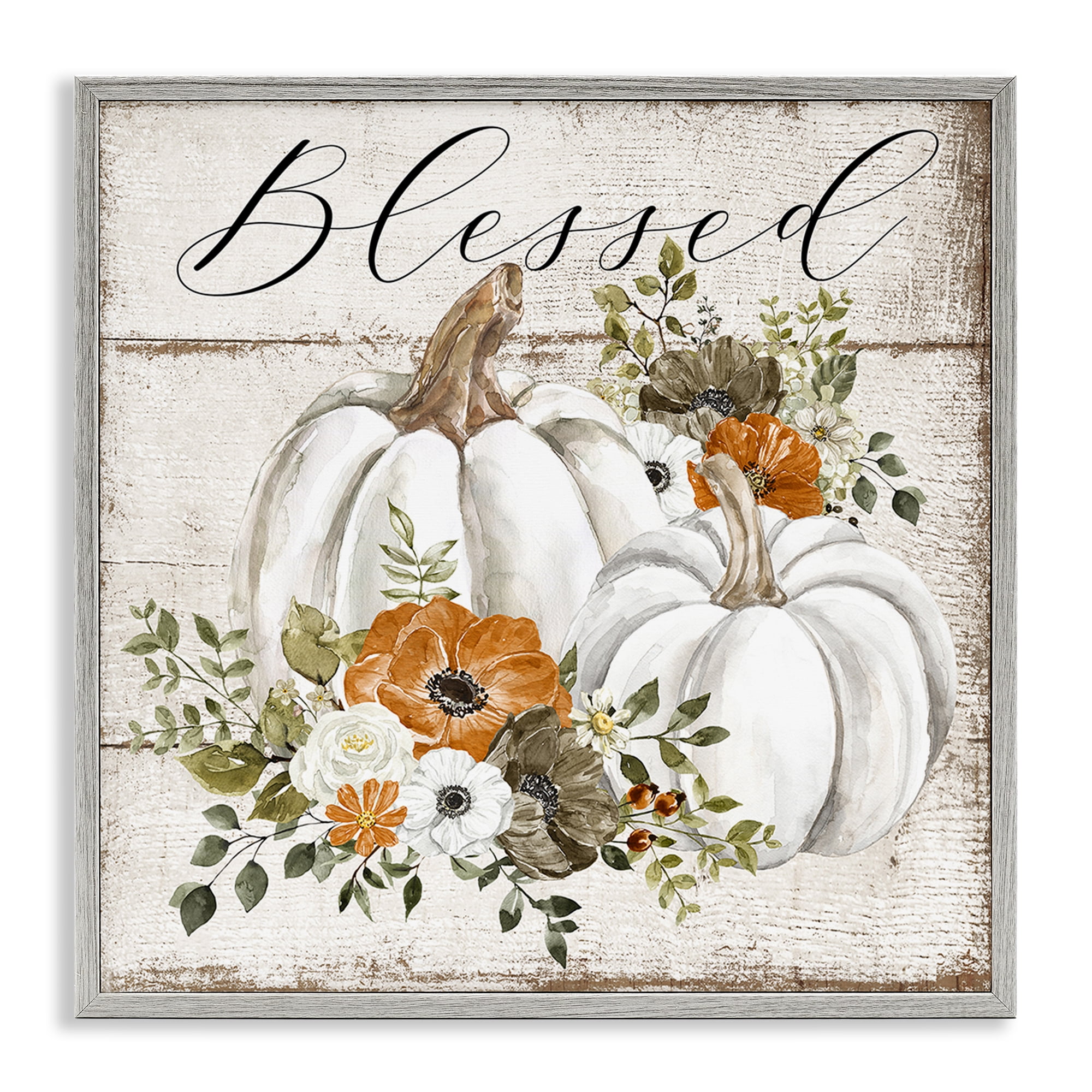 Stupell Industries Blessed Floral Pumpkin Holiday Painting Gray Framed Art Prints Wall Art, 12 x 12