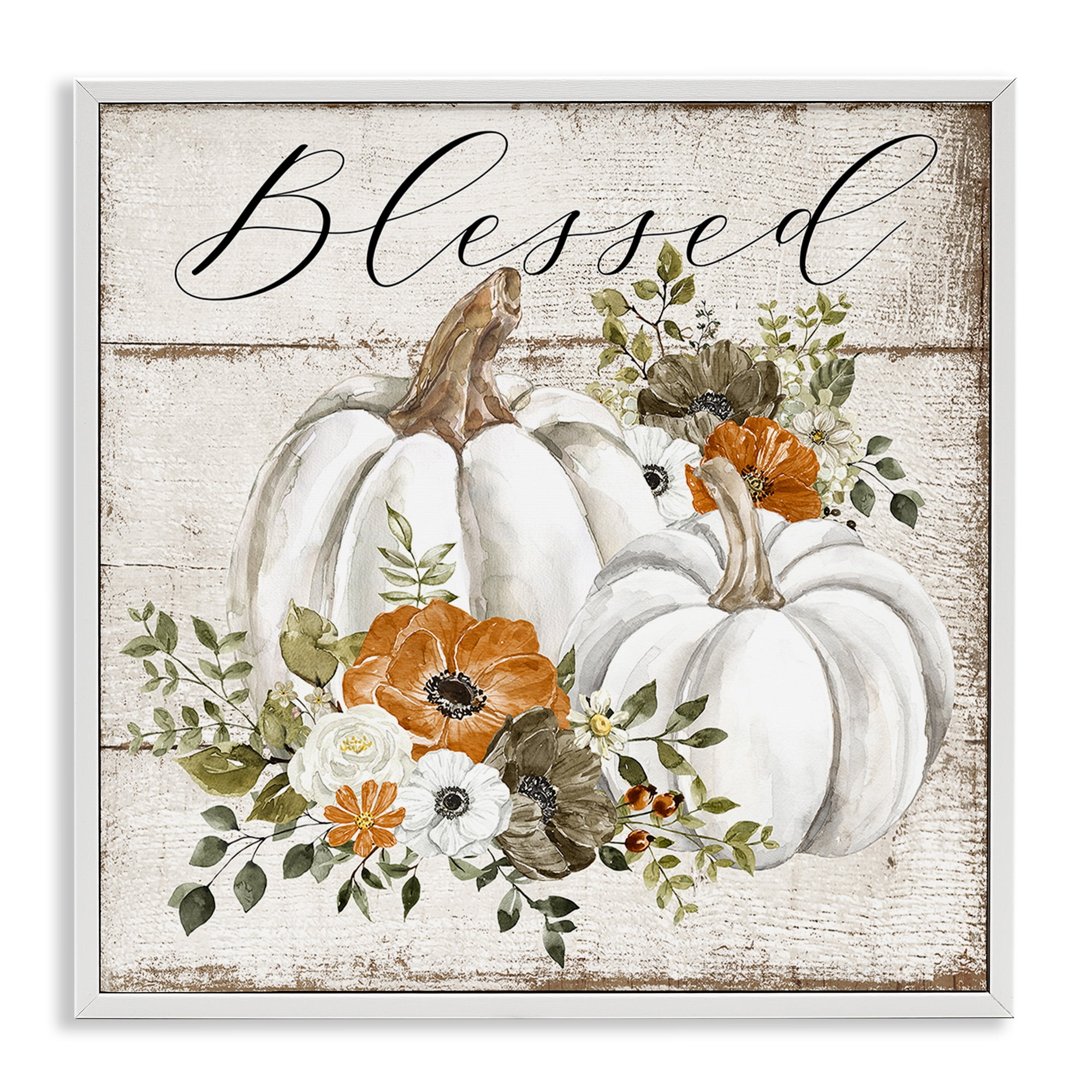 Stupell Industries Blessed Floral Pumpkin Holiday Painting White Framed Art Prints Wall Art, 12 x 12