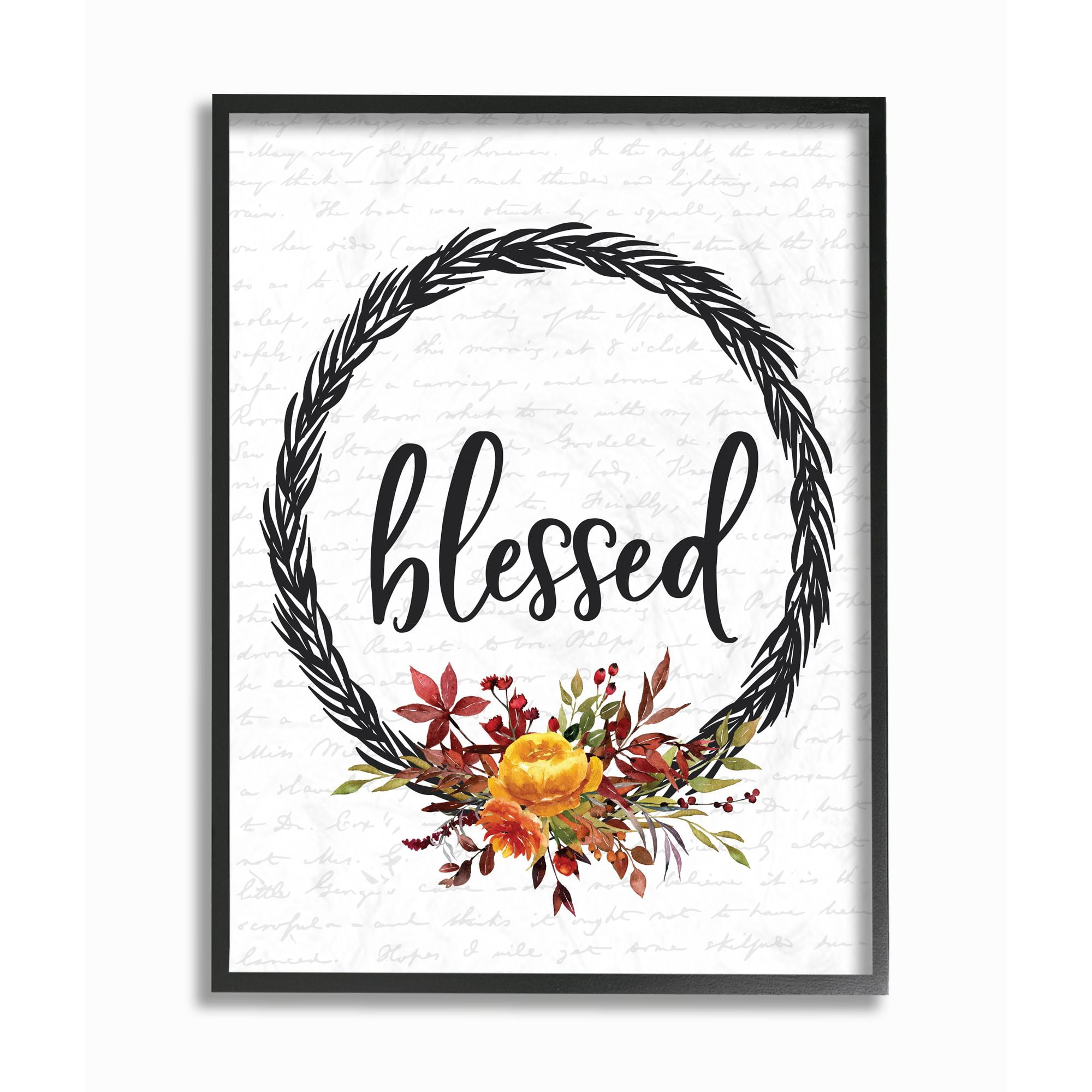 Stupell Industries Blessed Flower Wreath Autumn Fall Seasonal Design Framed Wall Art by Lettered and Lined