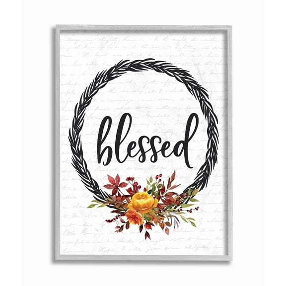 Stupell Industries Blessed Flower Wreath Autumn Fall Seasonal Design Framed Wall Art by Lettered and Lined