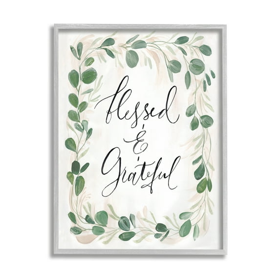 Stupell Industries Blessed & Grateful Botanical Eucalyptus Border Calligraphy Graphic Art Gray Framed Art Print Wall Art, Design by Caverly Smith