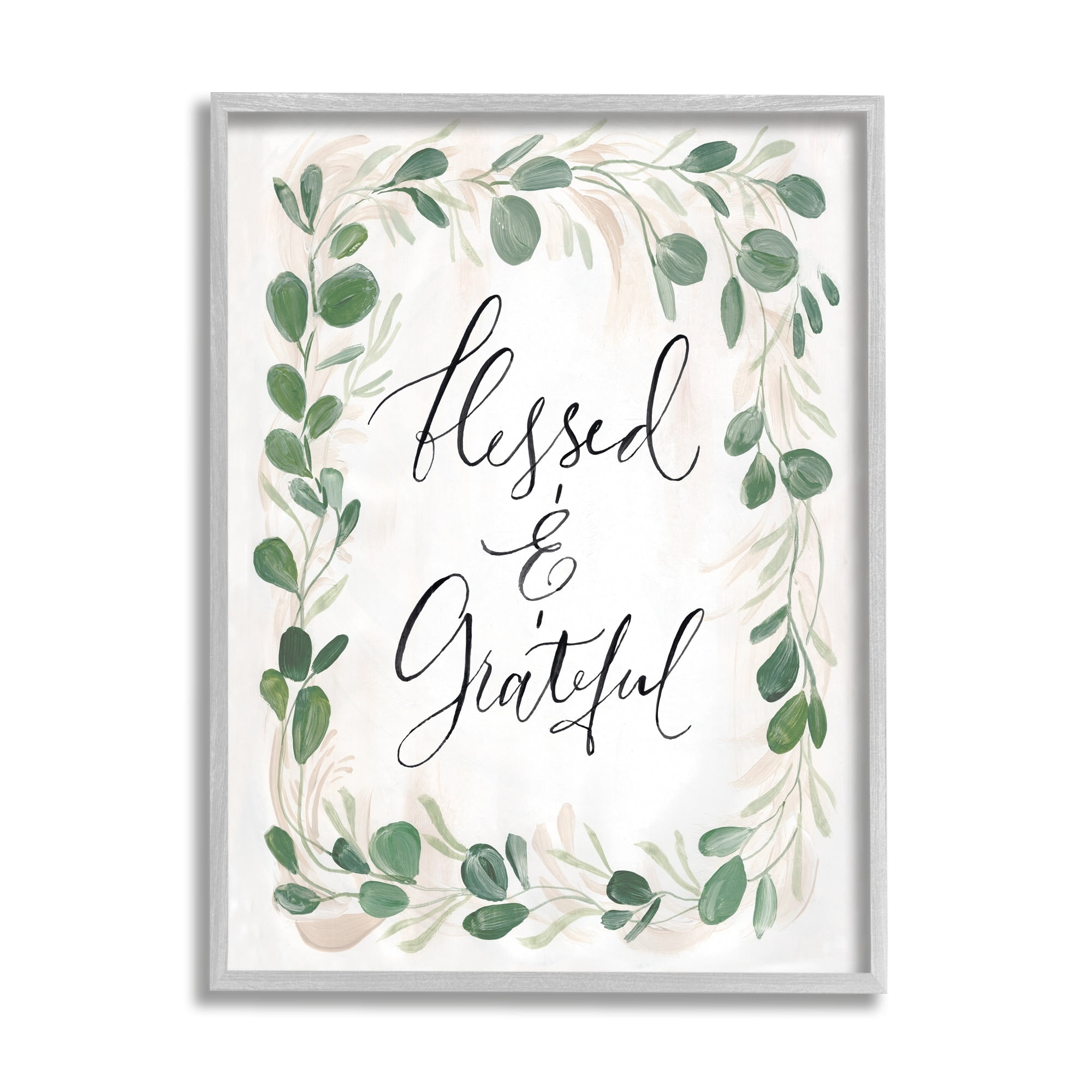 Stupell Industries Blessed & Grateful Botanical Eucalyptus Border Calligraphy Graphic Art Gray Framed Art Print Wall Art, Design by Caverly Smith