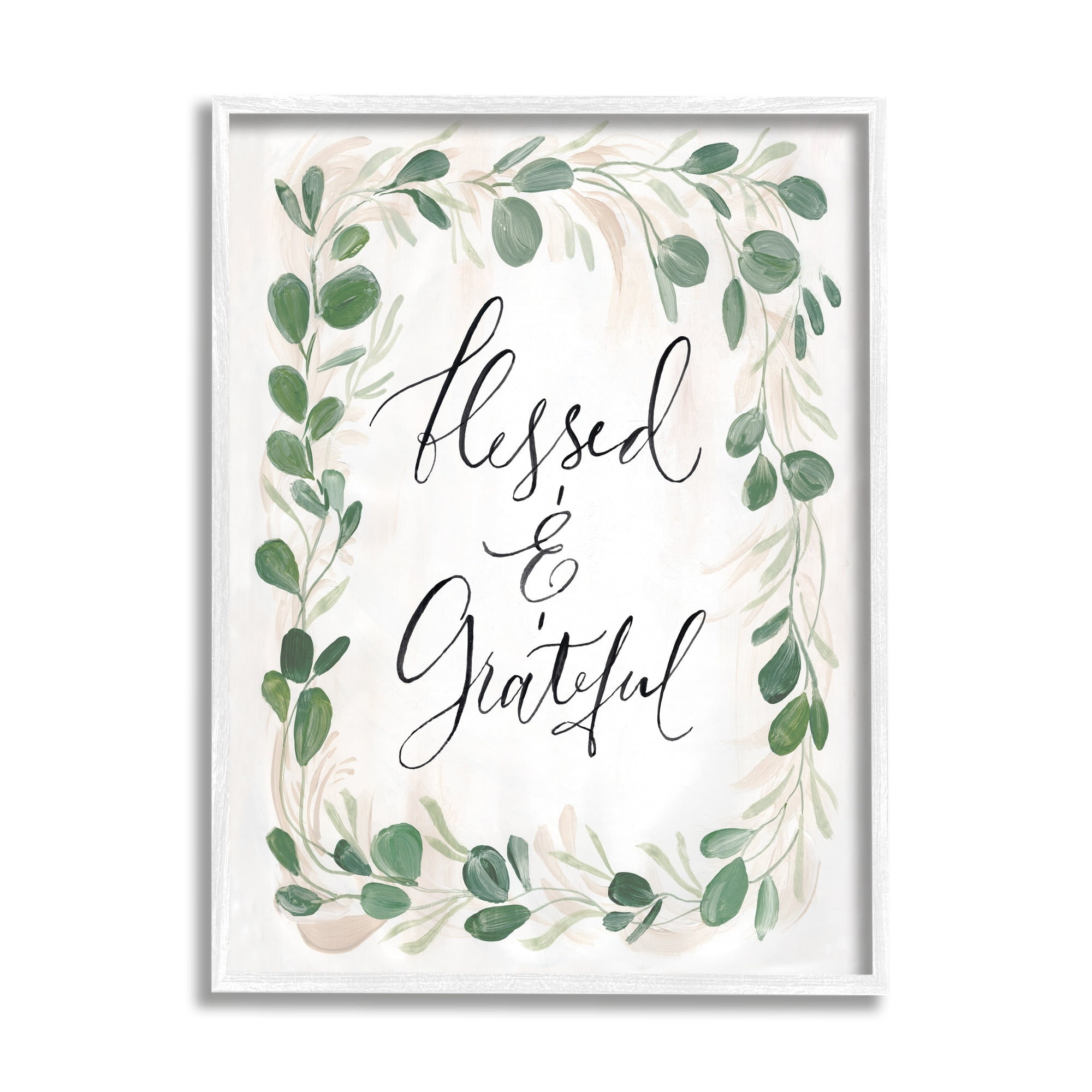 Stupell Industries Blessed & Grateful Botanical Eucalyptus Border Calligraphy Graphic Art White Framed Art Print Wall Art, Design by Caverly Smith