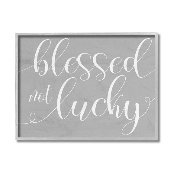Stupell Industries Blessed Not Lucky Quote Soft Cursive Typography Grey Framed, 16 x 20, Design by Daphne Polselli