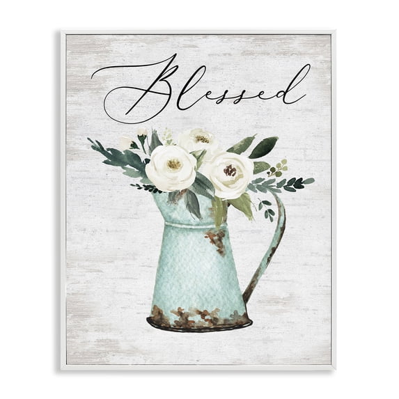 Stupell Industries Farmhouse Blessed Phrase Vintage Farm Can White Flower Bouquet White Framed Giclee Art, 11 x 14, by Lettered and Lined