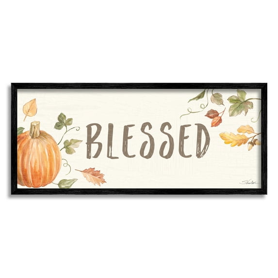 Stupell Industries Blessed Sentiment Orange Farm Pumpkin Fall Leaves Food & Beverage Painting Black Framed Art Print Wall Art, 10 x 24