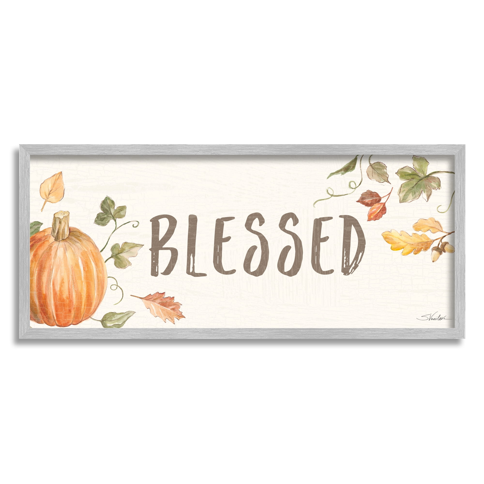 Stupell Industries Blessed Sentiment Orange Farm Pumpkin Fall Leaves Food & Beverage Painting Gray Framed Art Print Wall Art, 13 x 30
