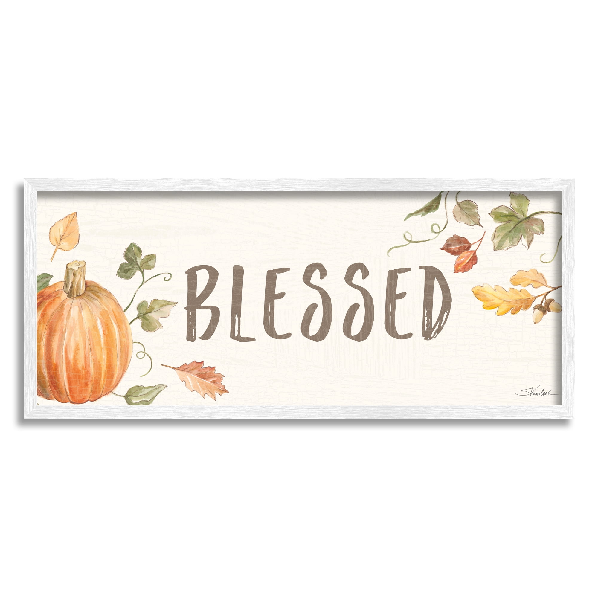 Stupell Industries Blessed Sentiment Orange Farm Pumpkin Fall Leaves Food & Beverage Painting White Framed Art Print Wall Art, 13 x 30
