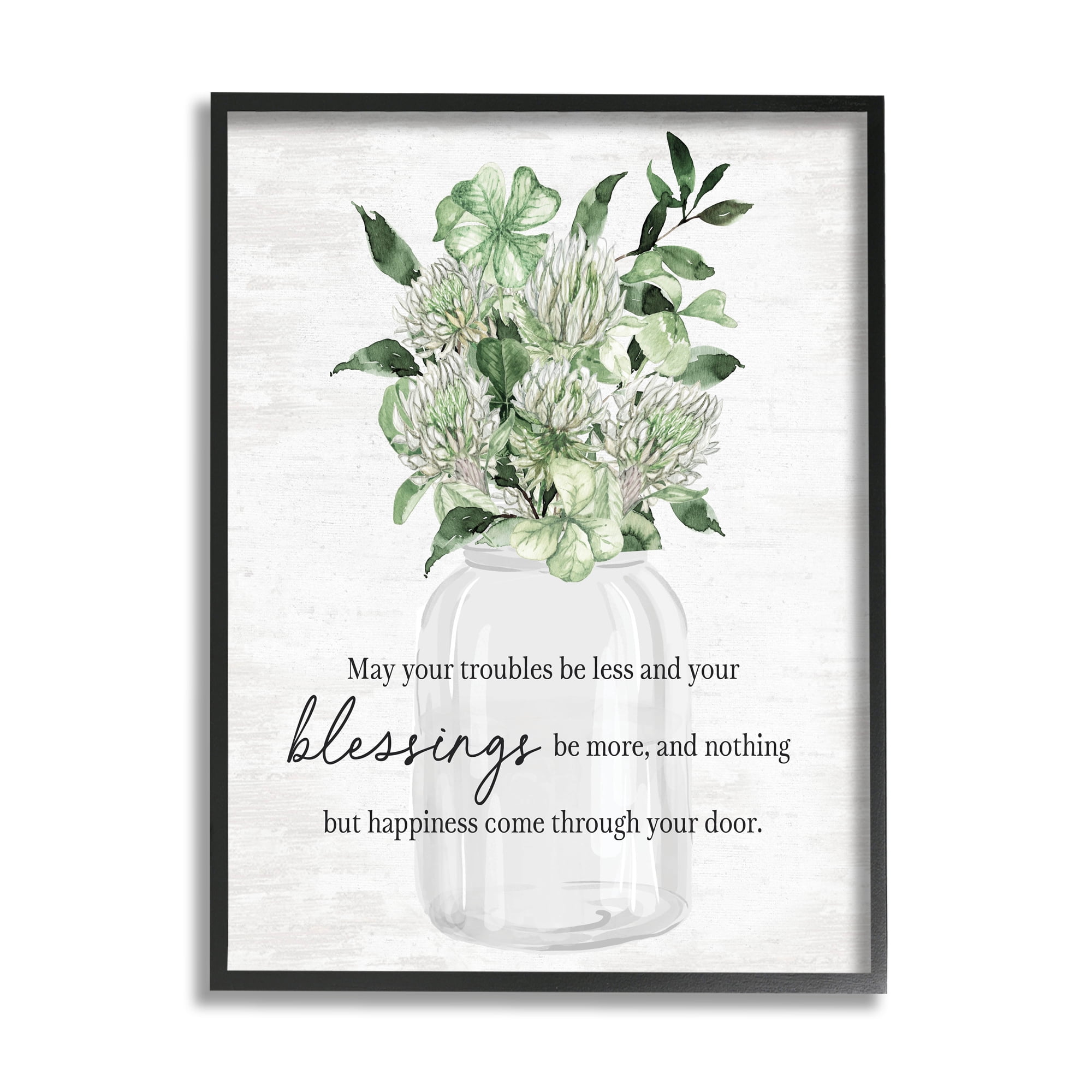 Stupell Industries Blessings & Happiness Proverb Botanical & Floral Painting Black Framed Art Print Wall Art, 24 x 30