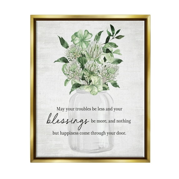 Stupell Industries Blessings & Happiness Proverb Botanical & Floral Painting Gold Floater Framed Canvas Art Print Wall Art, 17 x 21