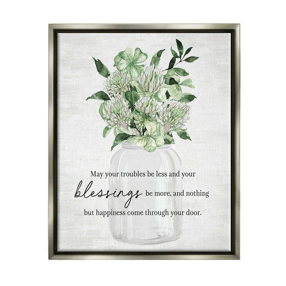 Stupell Industries Blessings & Happiness Proverb Botanical & Floral Painting Gray Floater Framed Canvas Art Print Wall Art, 17 x 21