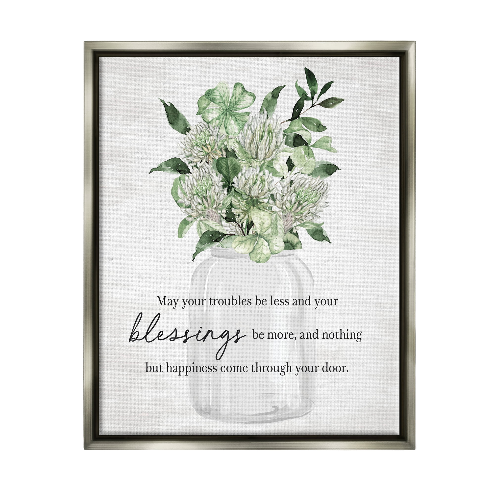 Stupell Industries Blessings & Happiness Proverb Botanical & Floral Painting Gray Floater Framed Canvas Art Print Wall Art, 25 x 31