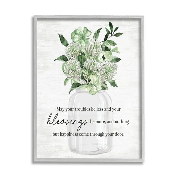 Stupell Industries Blessings & Happiness Proverb Botanical & Floral Painting Gray Framed Art Print Wall Art, 16 x 20