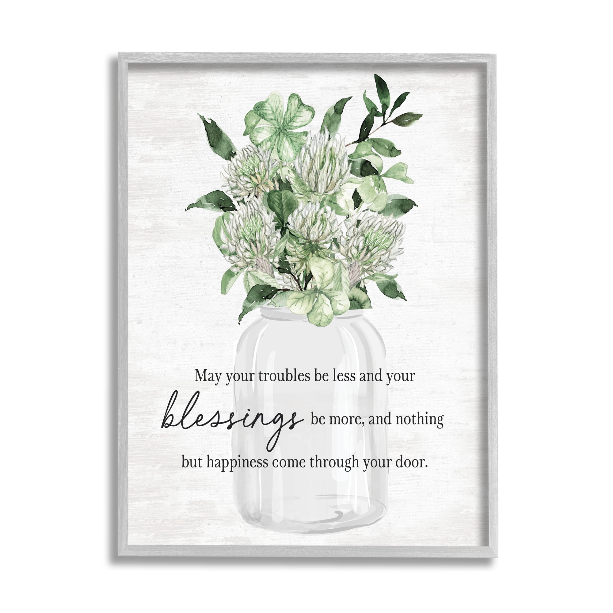 Stupell Industries Blessings & Happiness Proverb Botanical & Floral Painting Gray Framed Art Print Wall Art, 24 x 30