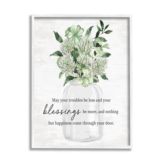 Stupell Industries Blessings & Happiness Proverb Botanical & Floral Painting White Framed Art Print Wall Art, 16 x 20