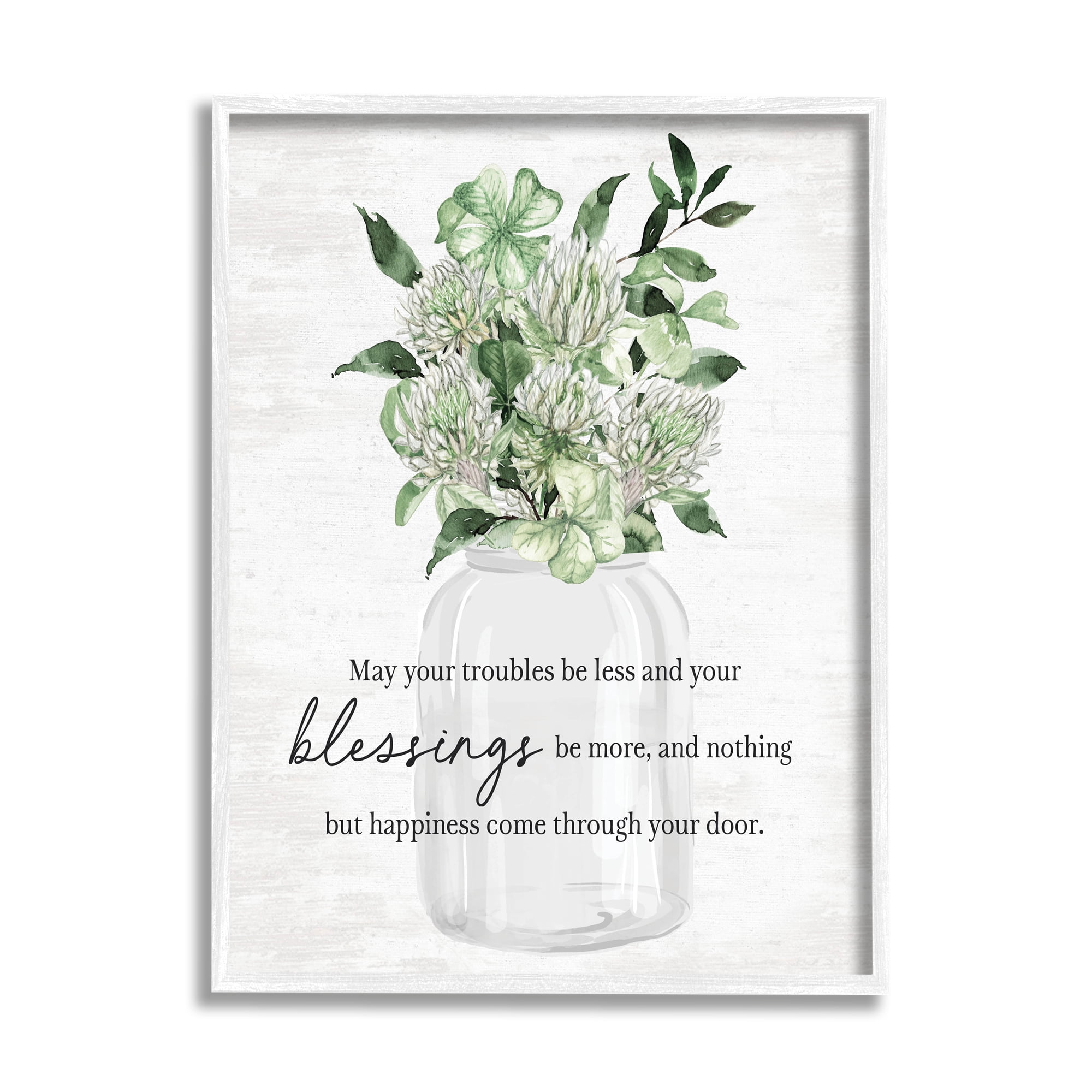 Stupell Industries Blessings & Happiness Proverb Botanical & Floral Painting White Framed Art Print Wall Art, 24 x 30