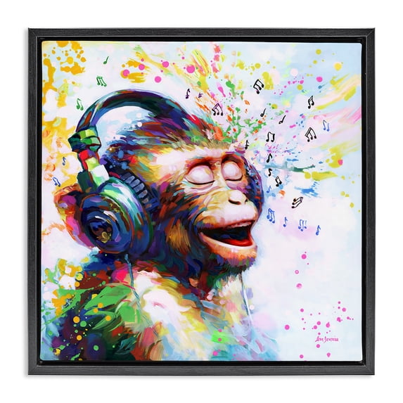 Stupell Industries Eclectic Blissful Beats Monkey Black Floating Frame Canvas Art, 25 x 25, by Leon Devenice