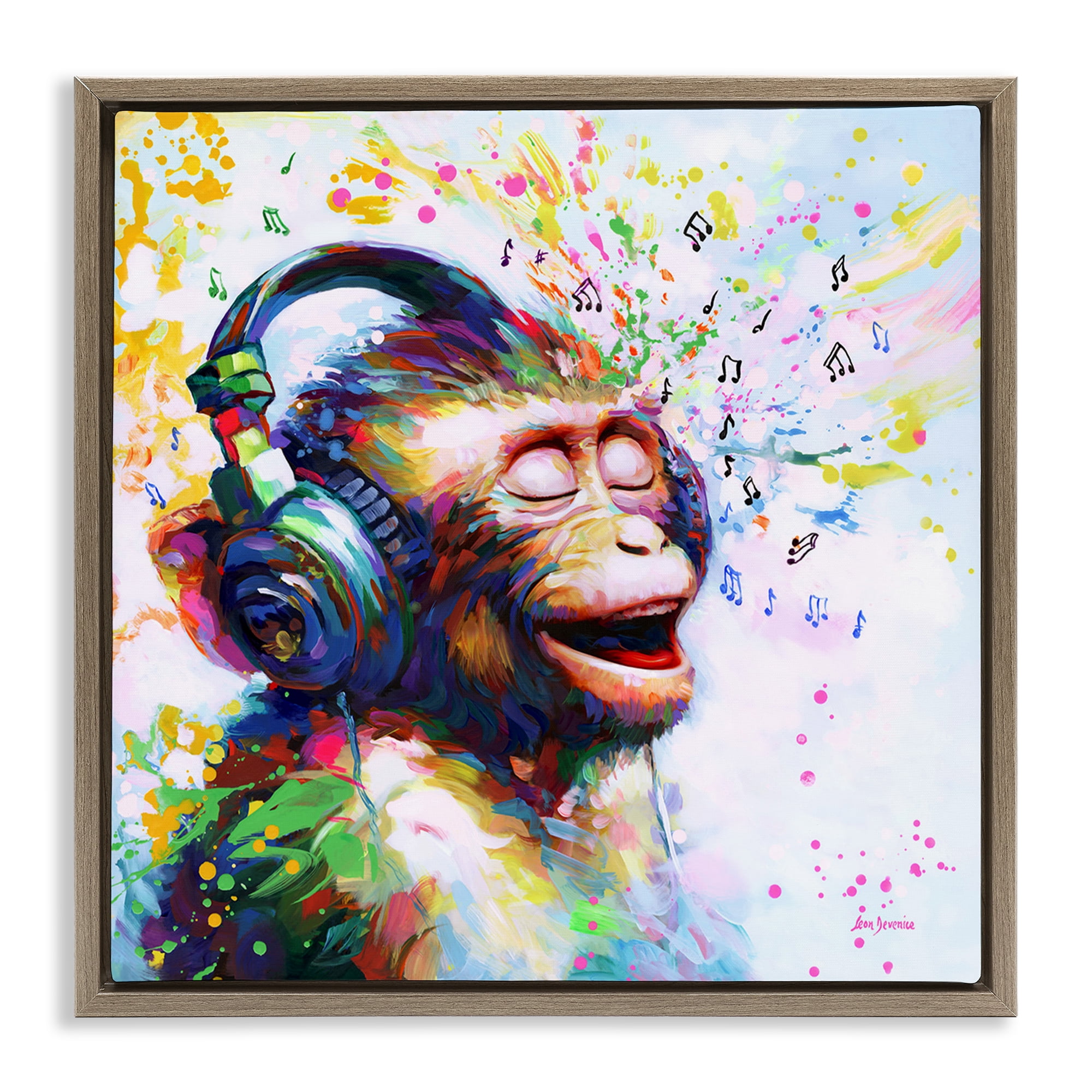Stupell Industries Blissful Beats Monkey Animals & Insects Painting Brown Floater Framed Canvas Art Print Wall Art, 18 x 18