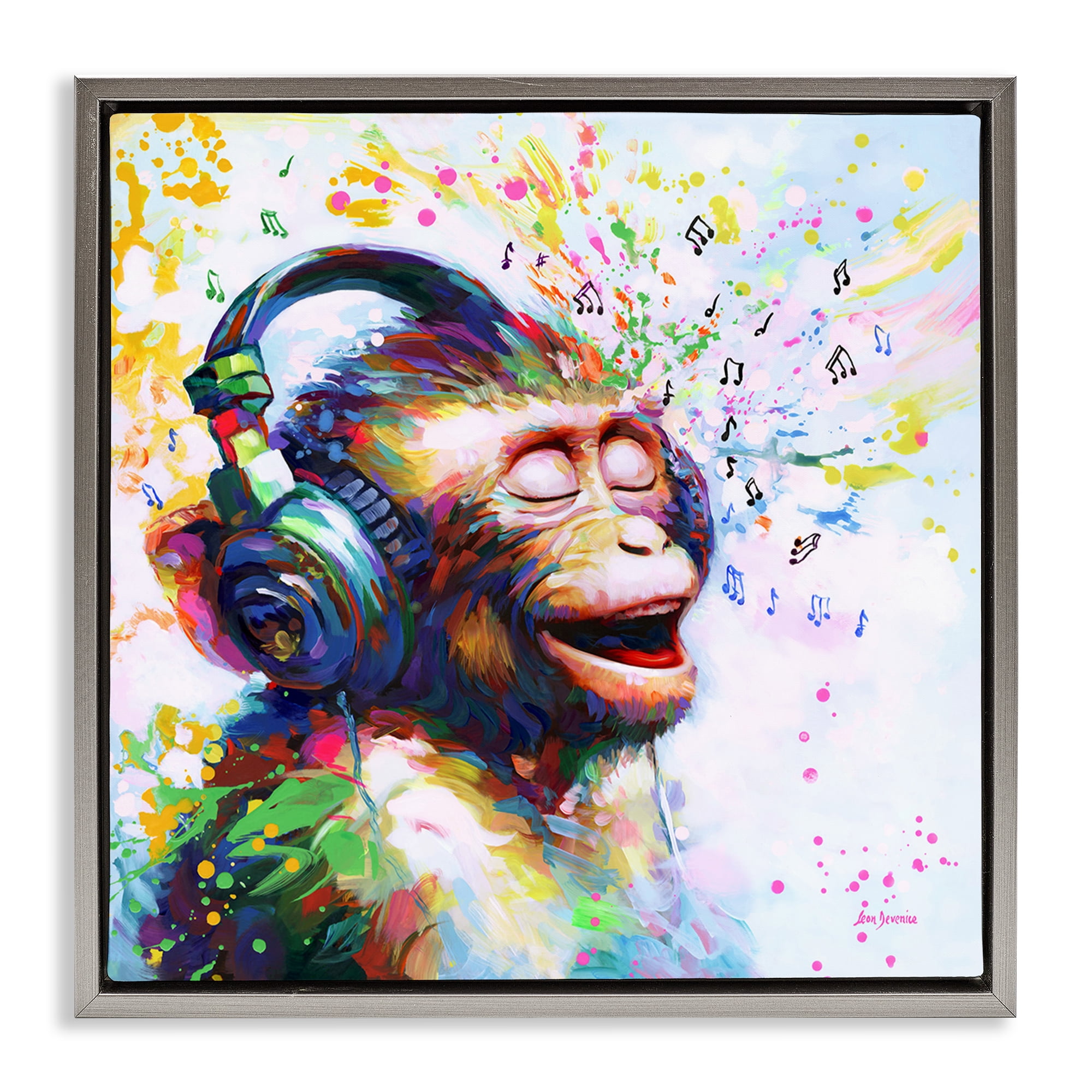Stupell Industries Blissful Beats Monkey Animals & Insects Painting Gray Floater Framed Canvas Art Print Wall Art, 18 x 18