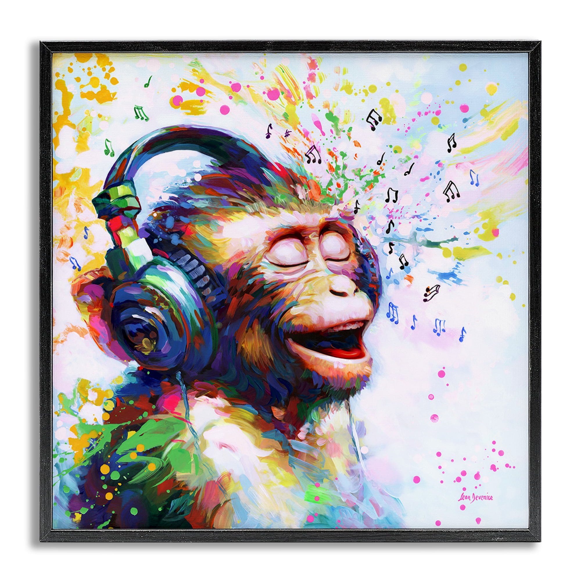 Stupell Industries Blissful Beats Monkey Animals & Insects Painting Gray Framed Art Print Wall Art, 24 x 24