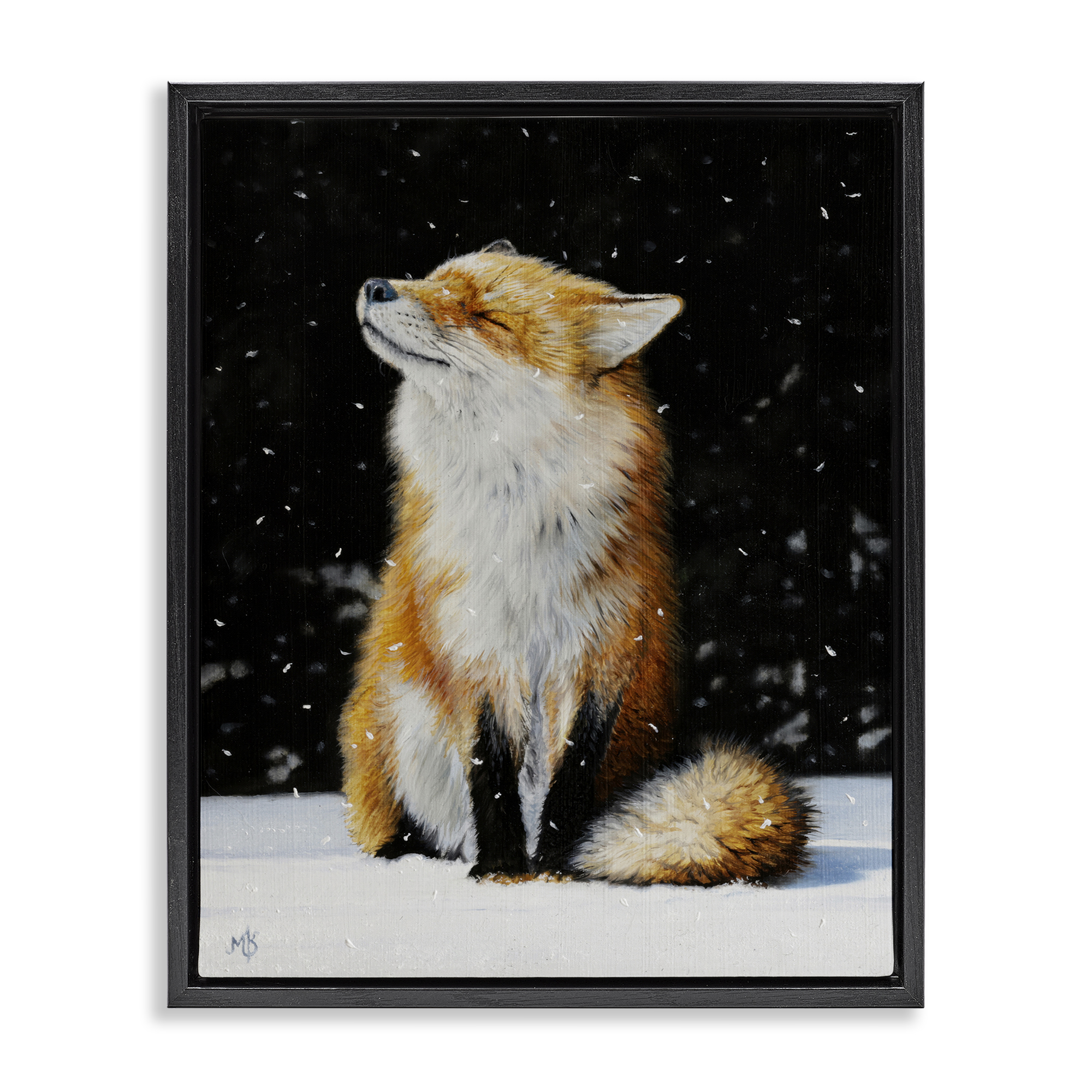 Stupell Industries Blissful Fox with Snowflakes Animals Painting Black Floater Framed Canvas Art Print Wall Art, 17 x 21