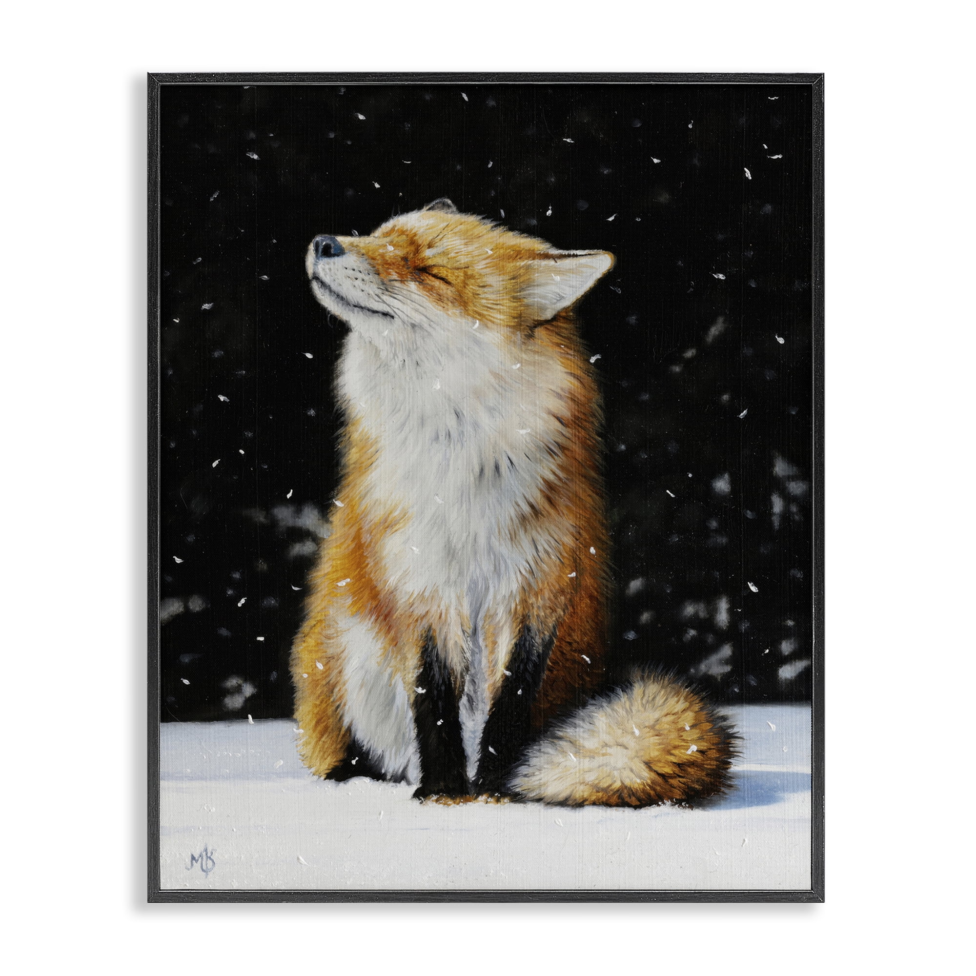 Stupell Industries Blissful Fox with Snowflakes Animals Painting Black Framed Art Print Wall Art, 11 x 14