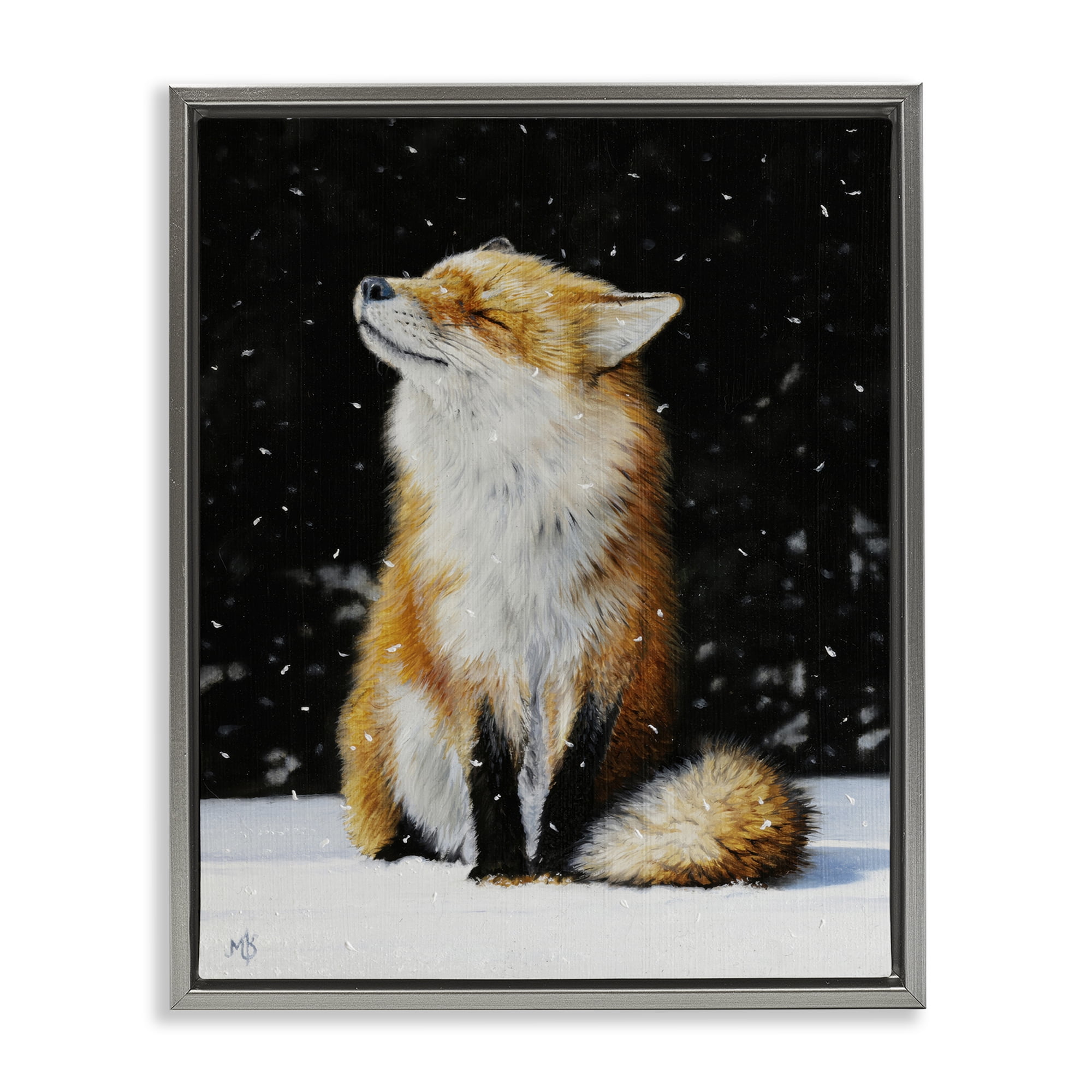 Stupell Industries Blissful Fox with Snowflakes Animals Painting Gray Floater Framed Canvas Art Print Wall Art, 25 x 31