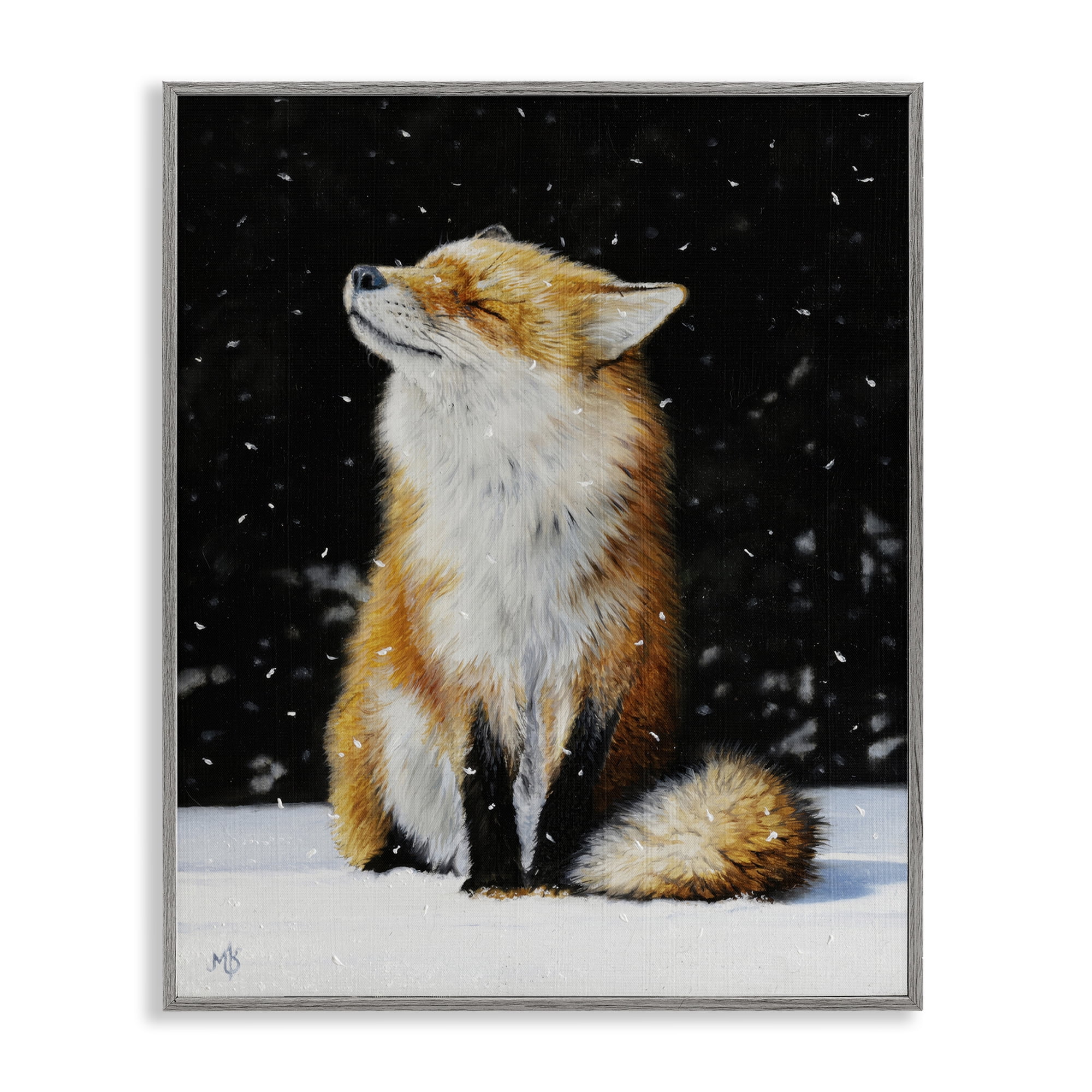 Stupell Industries Blissful Fox with Snowflakes Animals Painting Gray Framed Art Print Wall Art, 16 x 20
