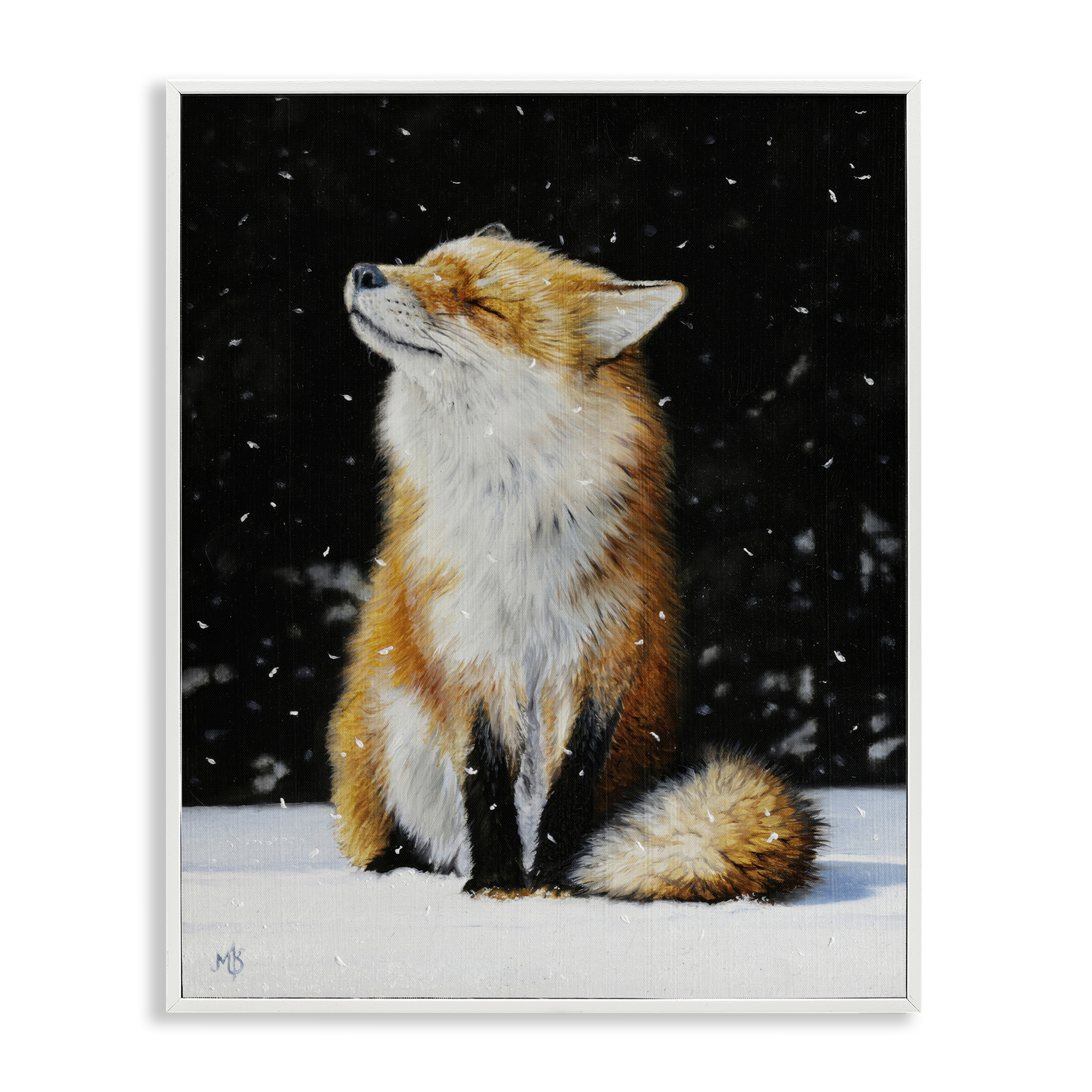 Stupell Industries Blissful Fox with Snowflakes Animals Painting White Framed Art Print Wall Art, 16 x 20