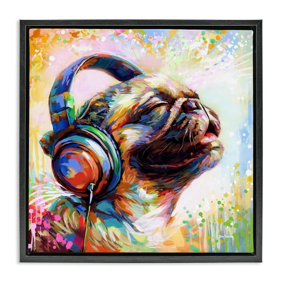 Stupell Industries Blissful Music Pug Animals & Insects Painting Black Floater Framed Canvas Art Print Wall Art, 18 x 18