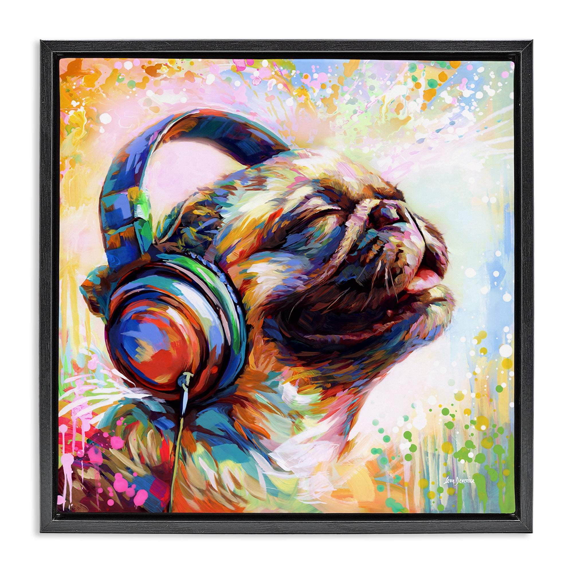 Stupell Industries Blissful Music Pug Animals & Insects Painting Black Floater Framed Canvas Art Print Wall Art, 25 x 25