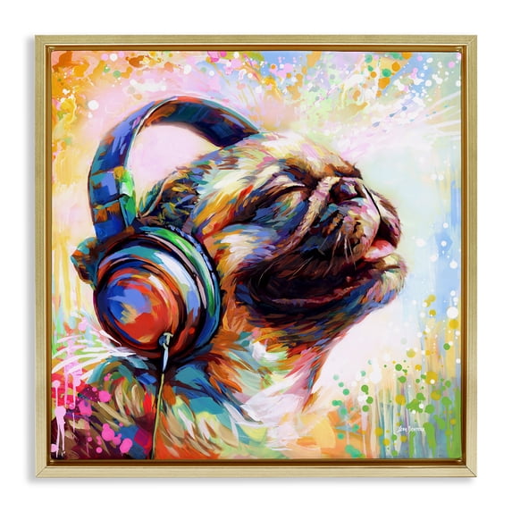 Stupell Industries Contemporary Blissful Music Pug Gold Floating Frame Canvas Art, 25 x 25, by Leon Devenice
