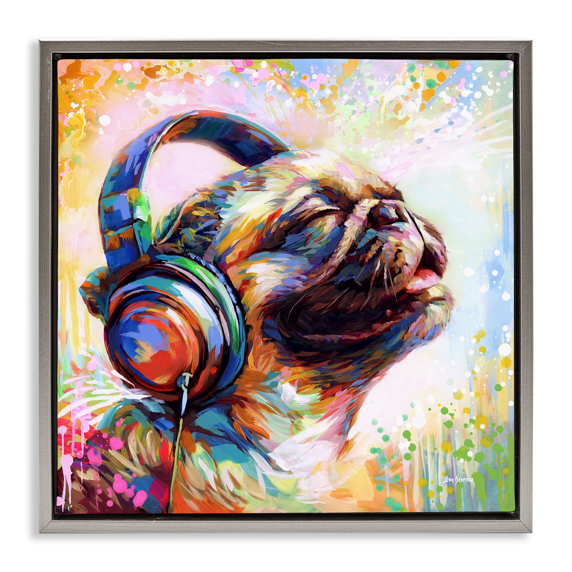 Stupell Industries Blissful Music Pug Animals & Insects Painting Gray Floater Framed Canvas Art Print Wall Art, 18 x 18