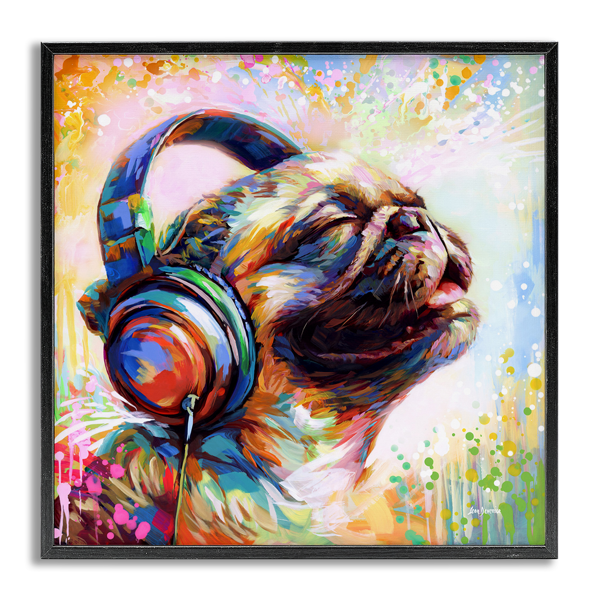 Stupell Industries Blissful Music Pug Animals & Insects Painting Gray Framed Art Print Wall Art, 24 x 24