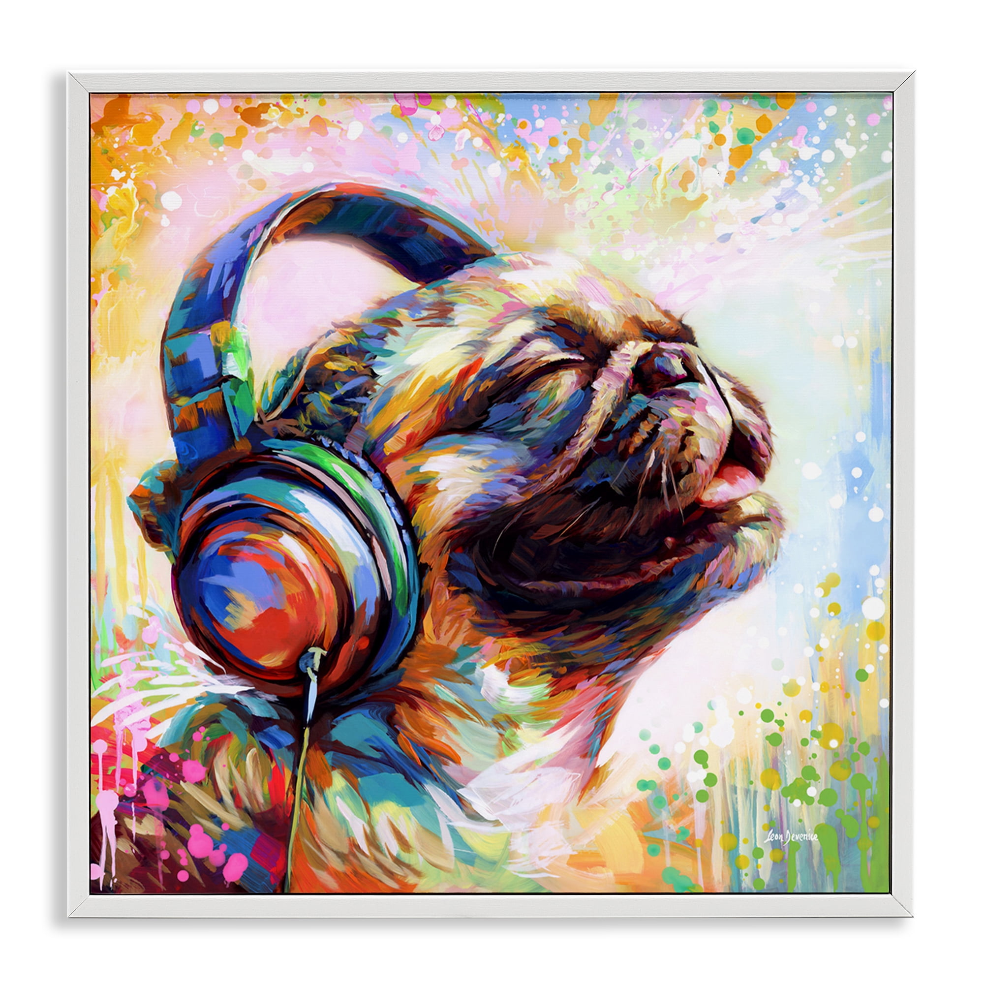 Stupell Industries Blissful Music Pug Animals & Insects Painting White Framed Art Print Wall Art, 12 x 12