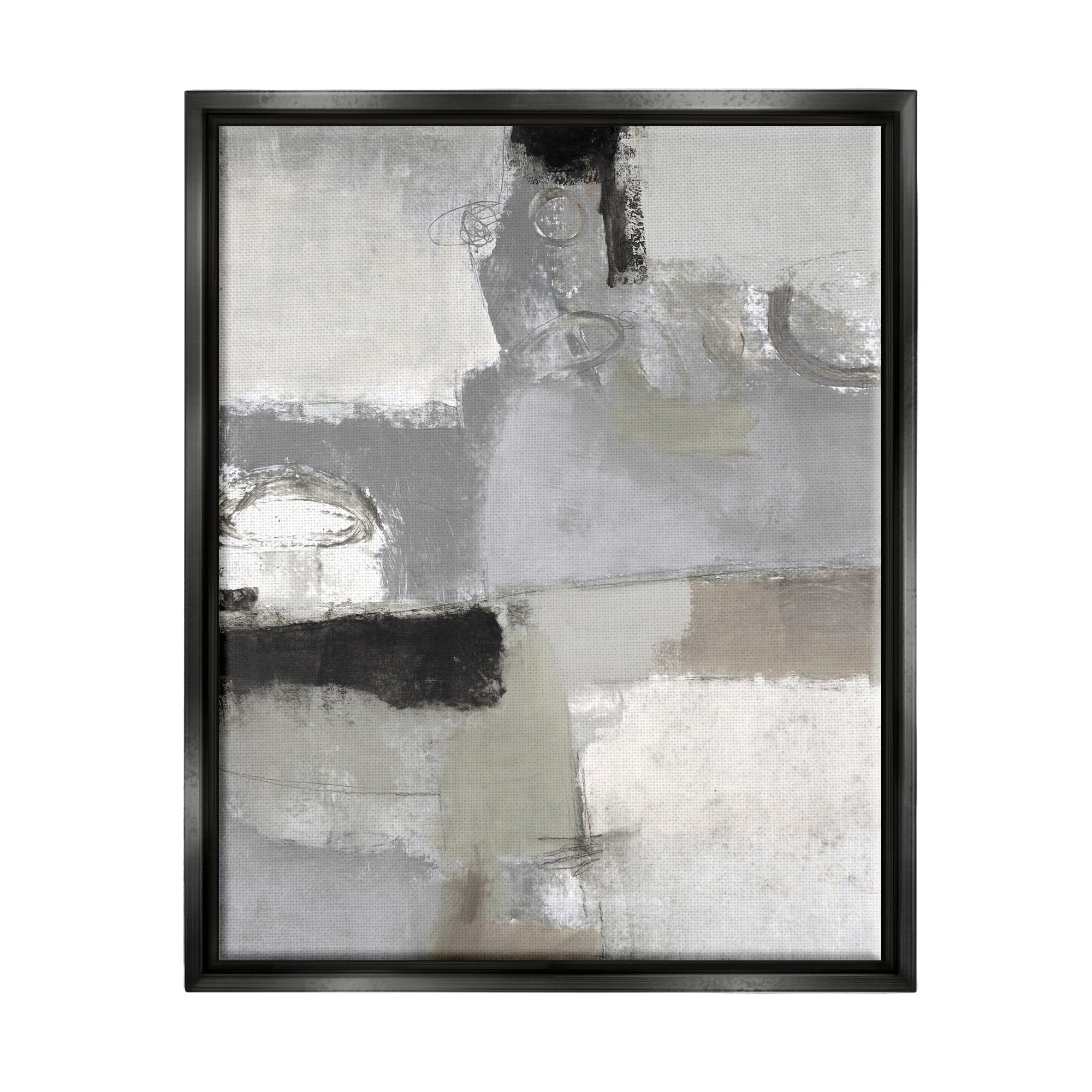Stupell Industries Blocked Geometric Shapes Black Detail Circles Painting Jet Black Floating Framed Canvas Print Wall Art, Design by Lisa Ridgers