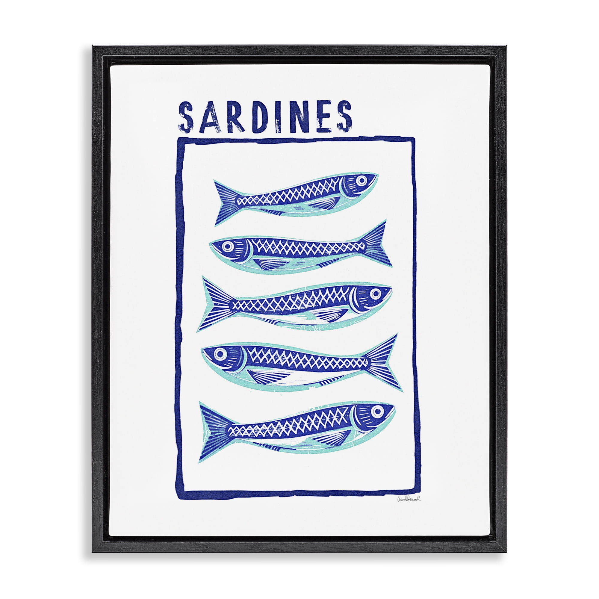 Stupell Industries Blocked Sardines Pattern Black Framed Floater Canvas Wall Art, design by Amanda Greenwood