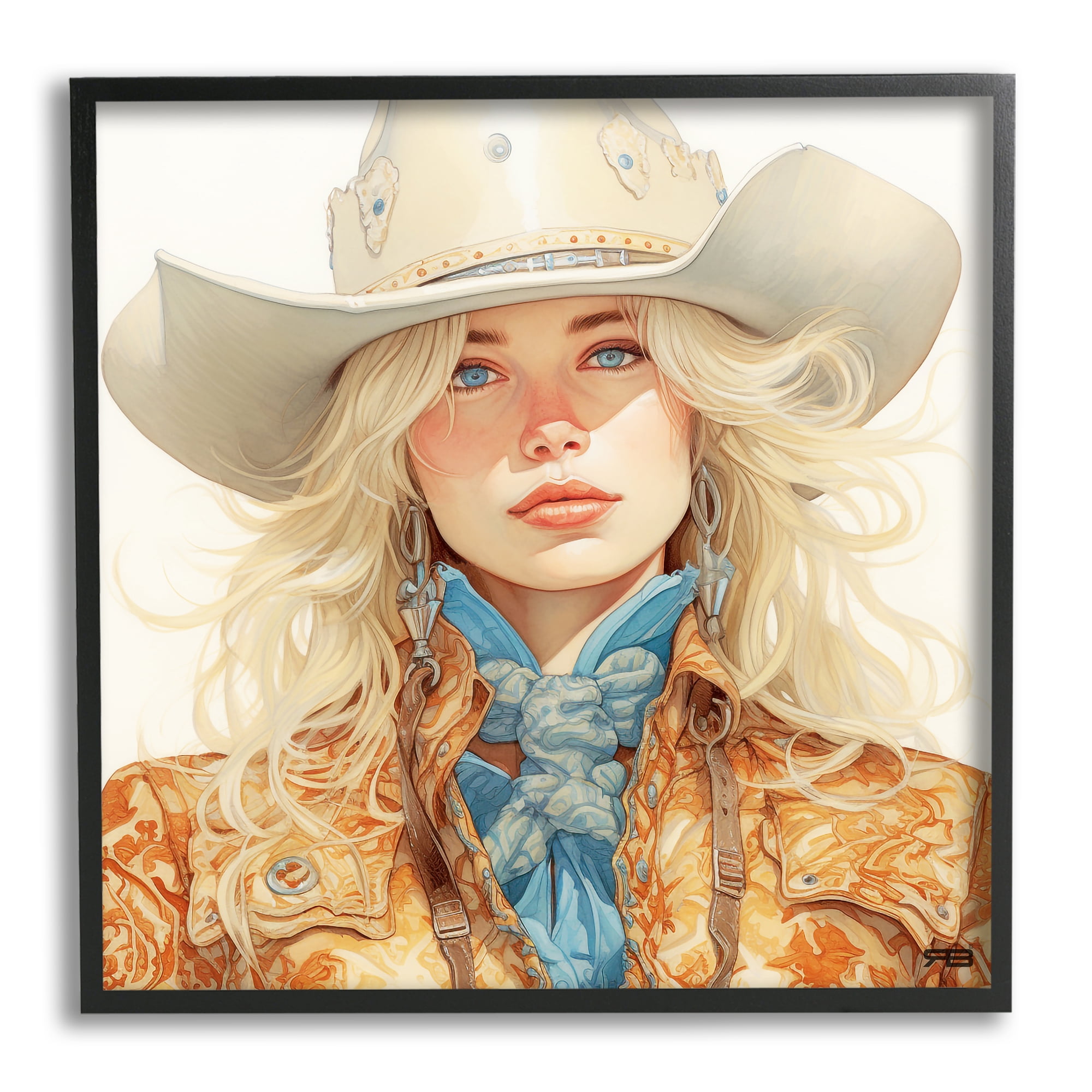 Stupell Industries Blonde Cowgirl Portrait Abstract Painting Black Framed Art Print Wall Art, 24 x 24