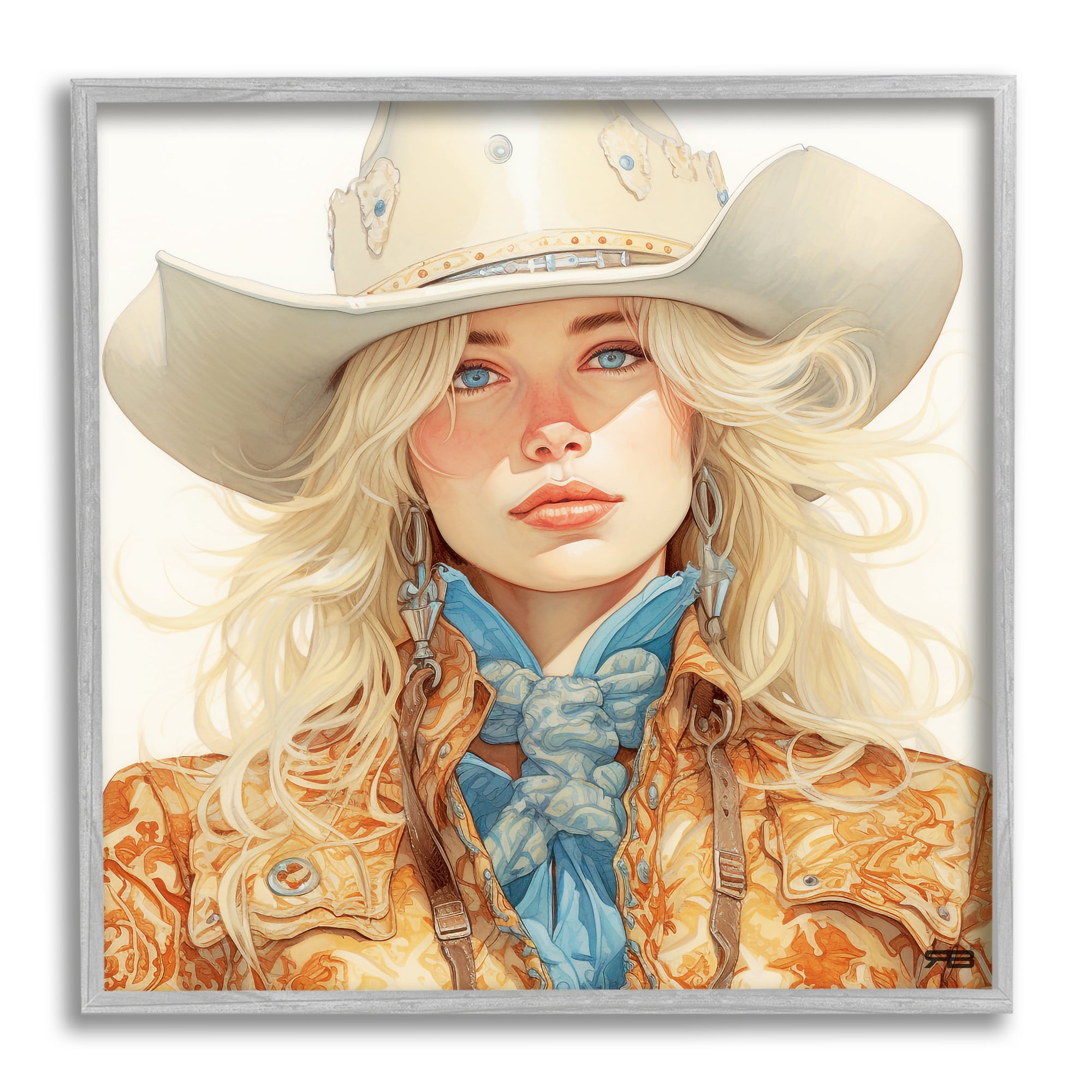 Stupell Industries Blonde Cowgirl Portrait Abstract Painting Gray Framed Art Print Wall Art, 17 x 17