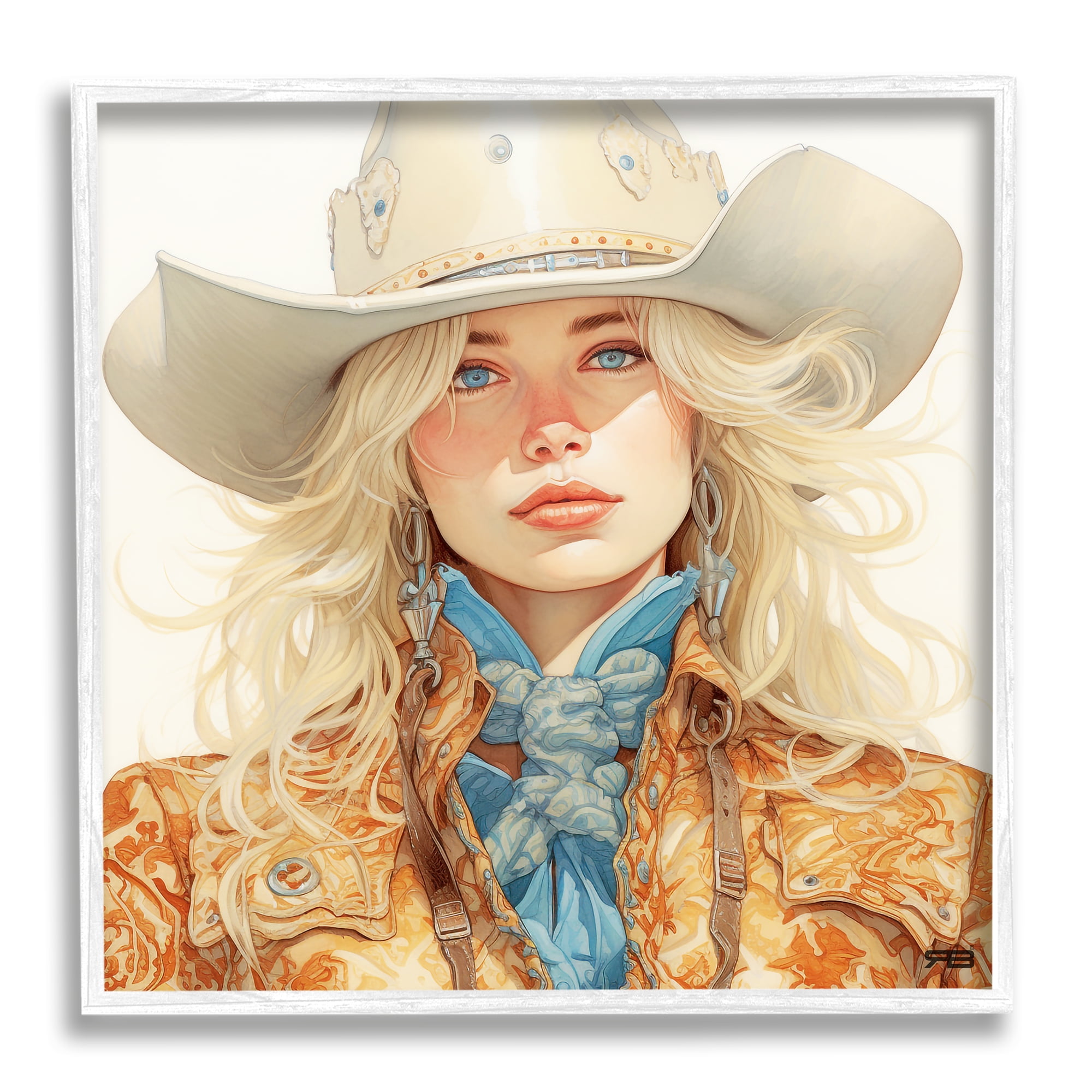 Stupell Industries Blonde Cowgirl Portrait Abstract Painting White Framed Art Print Wall Art, 12 x 12