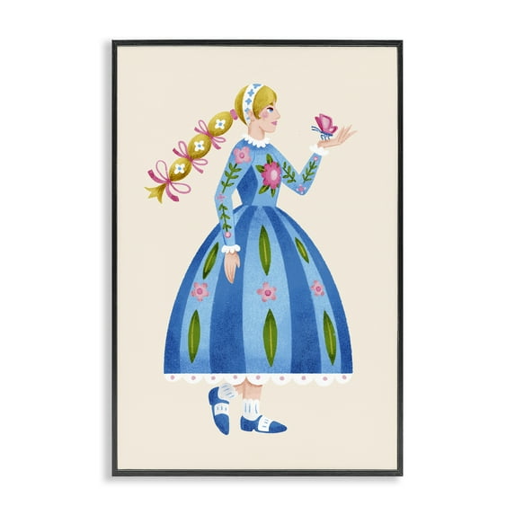 Stupell Industries Blonde Folk Girl & Butterfly Portrait Painting Black Framed Art Print Wall Art, 16 x 24