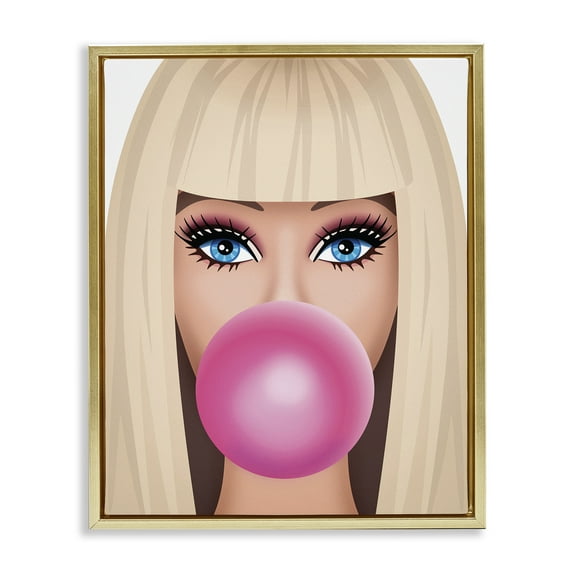 Stupell Industries Blonde Girl & Bubblegum People Painting Gold Floater Framed Canvas Art Print Wall Art, 25 x 31