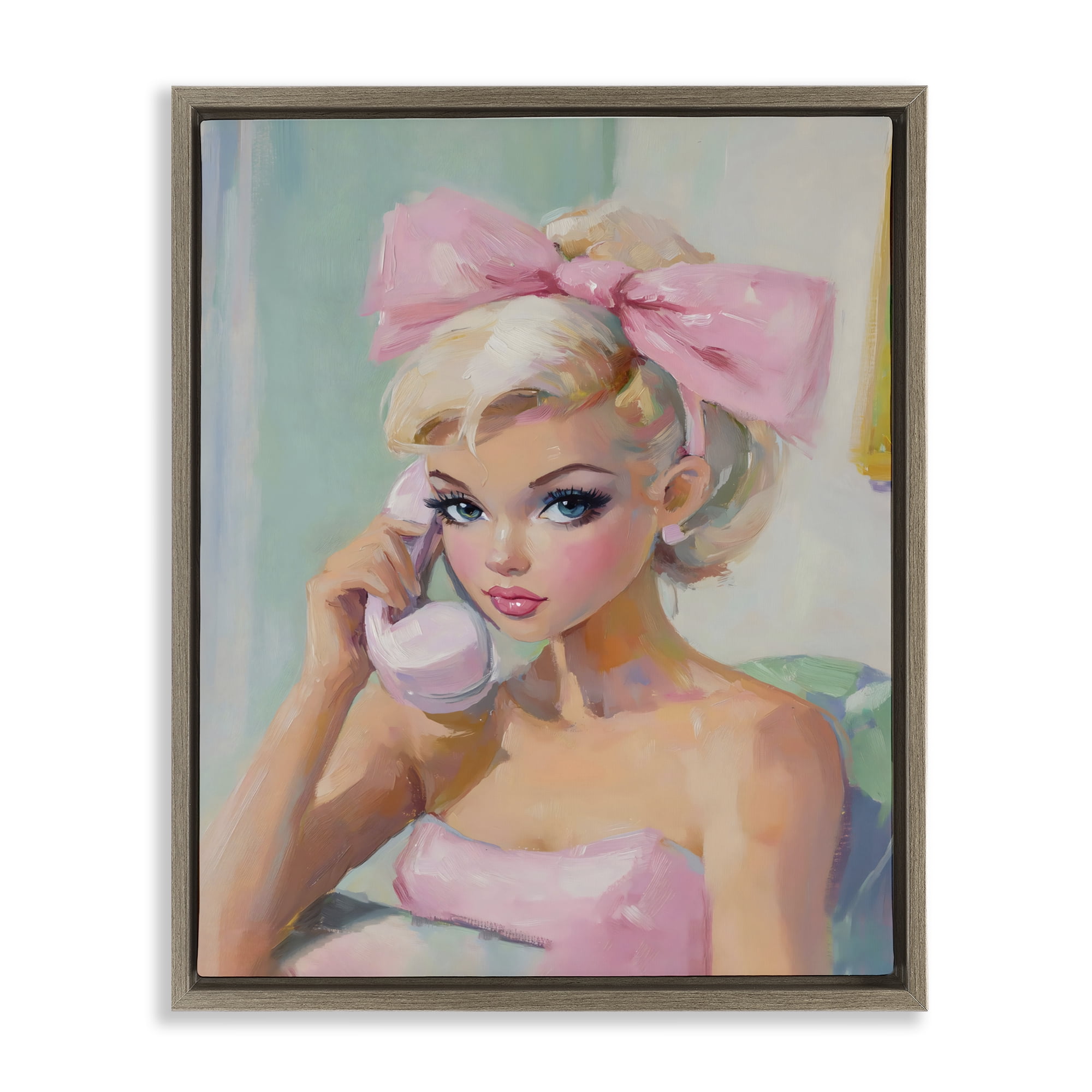 Stupell Industries Blonde Girl with Pink Bow Brown Framed Floater Canvas Wall Art, design by The Prints Vibe