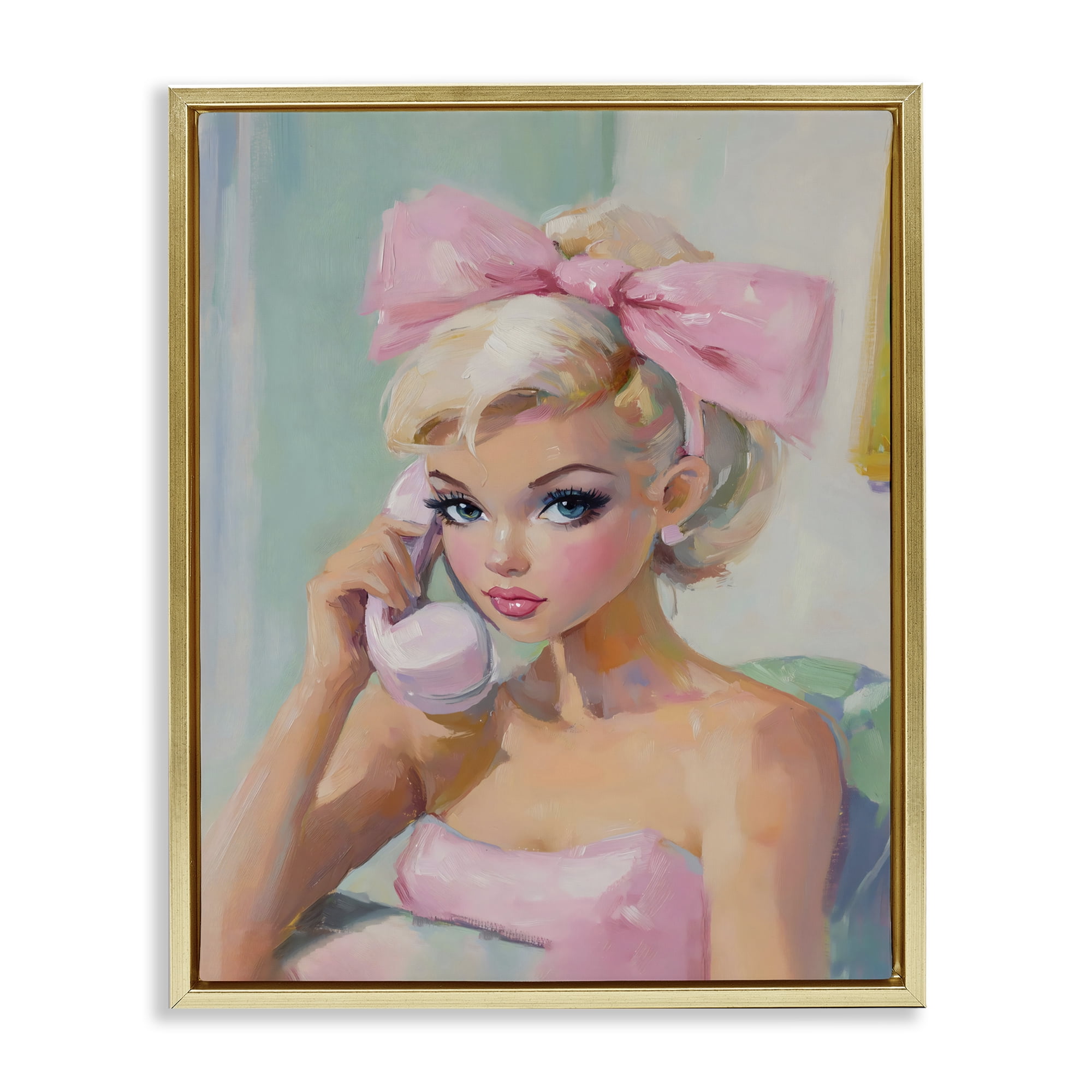 Stupell Industries Blonde Girl with Pink Bow Gold Framed Floater Canvas Wall Art, design by The Prints Vibe