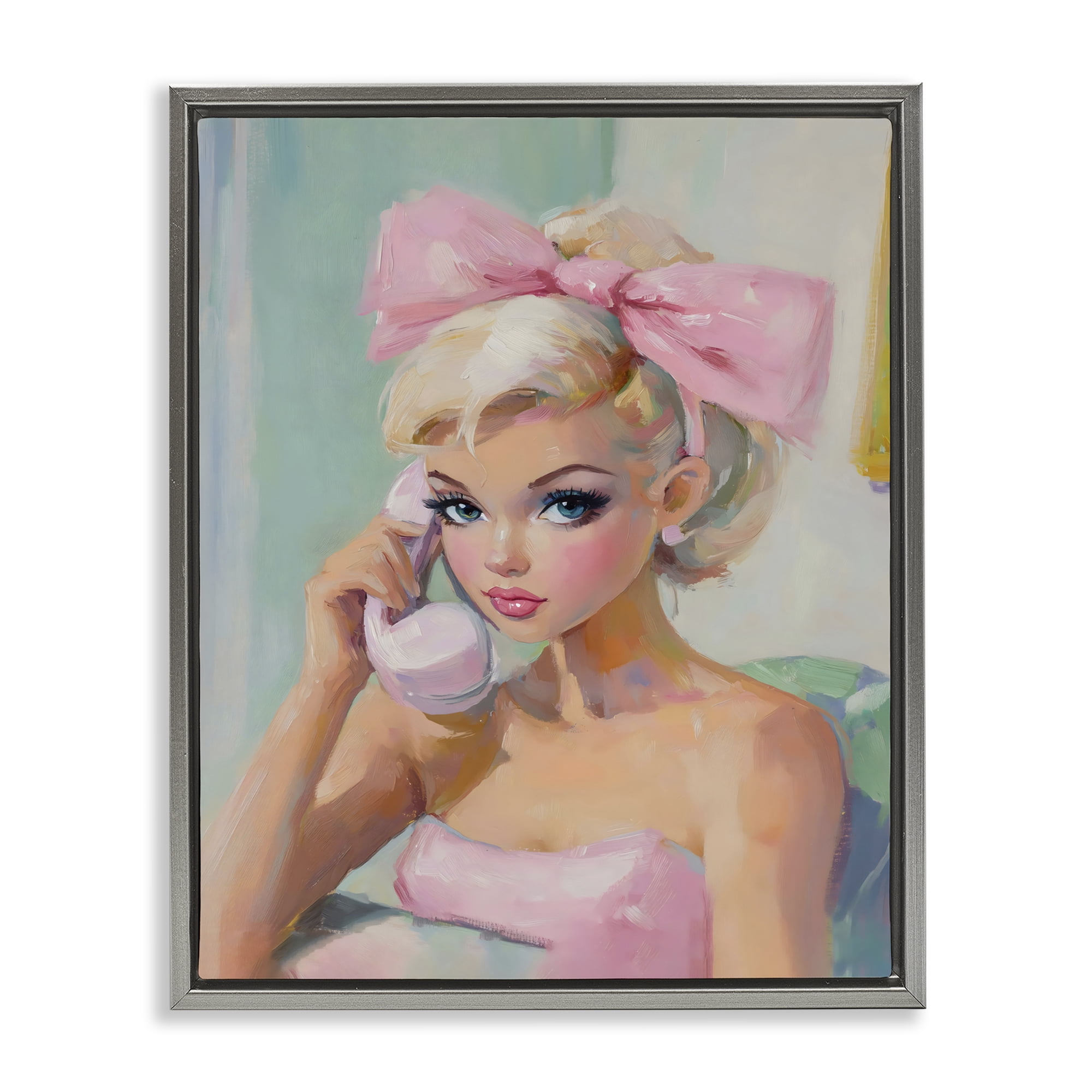 Stupell Industries Blonde Girl with Pink Bow Gray Framed Floater Canvas Wall Art, design by The Prints Vibe