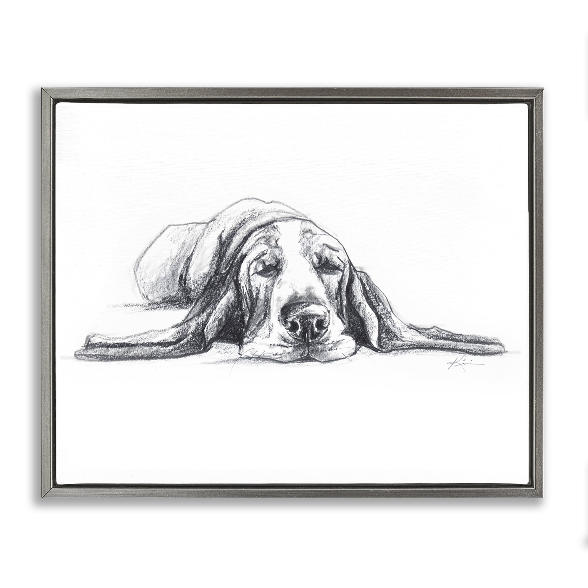 Stupell Industries Bloodhound Pup Naptime Animals Drawing Gray Floater Framed Canvas Art Print Wall Art, 31 x 25