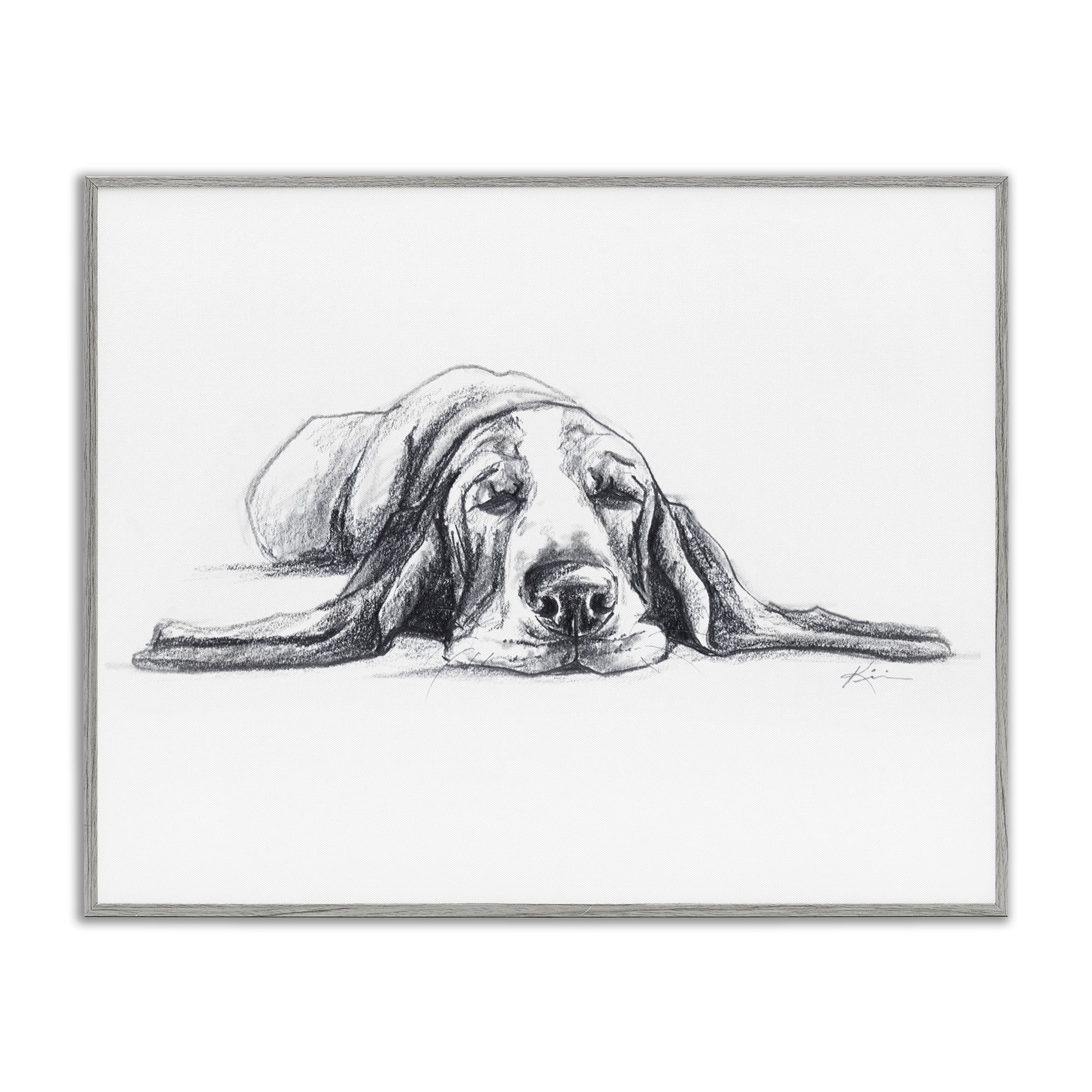 Stupell Industries Bloodhound Pup Naptime Animals Drawing Gray Framed Art Print Wall Art, 20 x 16