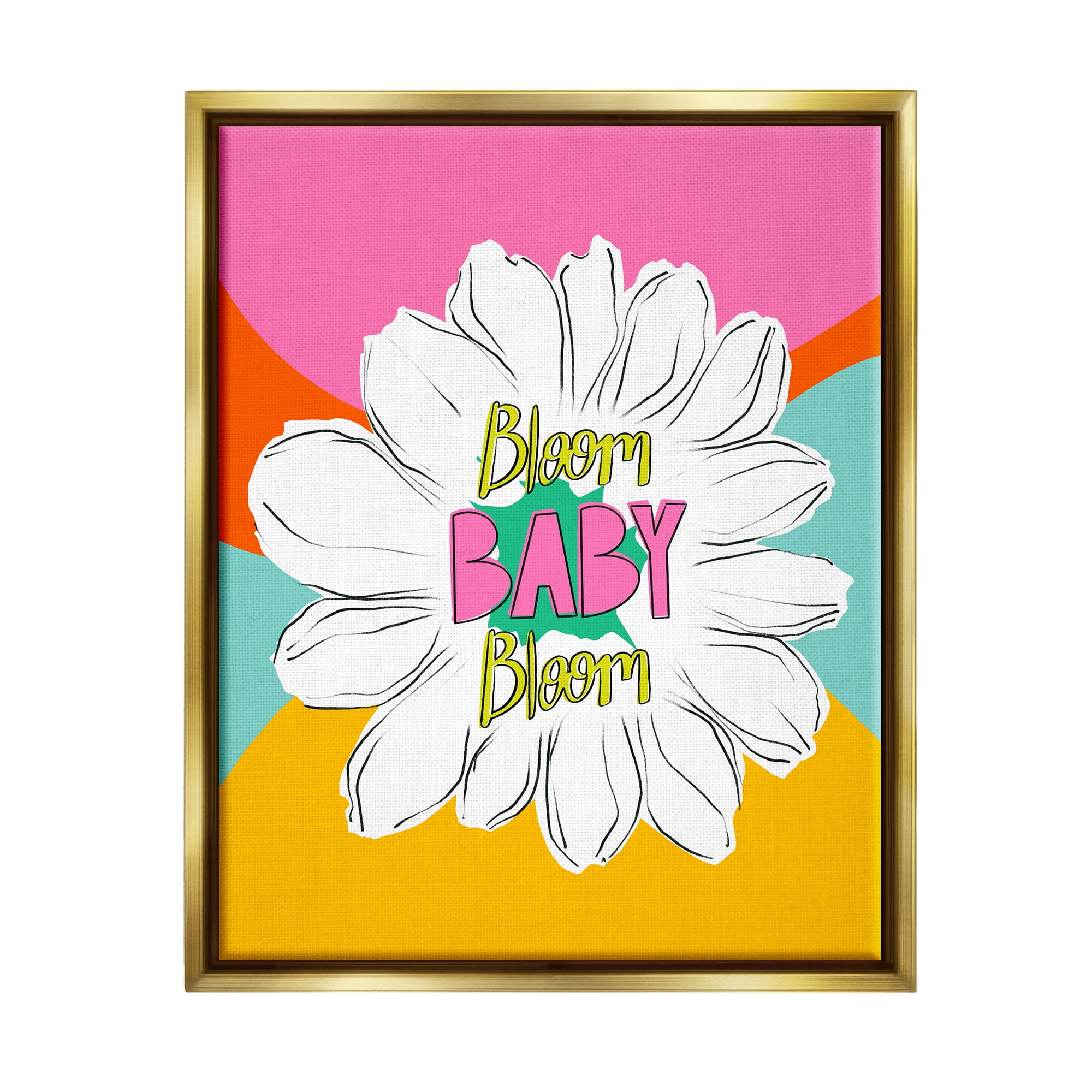 Stupell Industries Bloom Bright Flower Phrase Inspirational Painting Gold Floater Framed Art Print Wall Art, 17 x 21