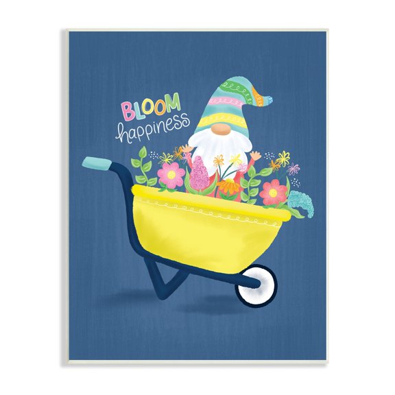 Stupell Industries Bloom Happiness Phrase Yellow Flower Wagon Gnome Wood Wall Art, 10 x 15, Design by Emily Cromwell