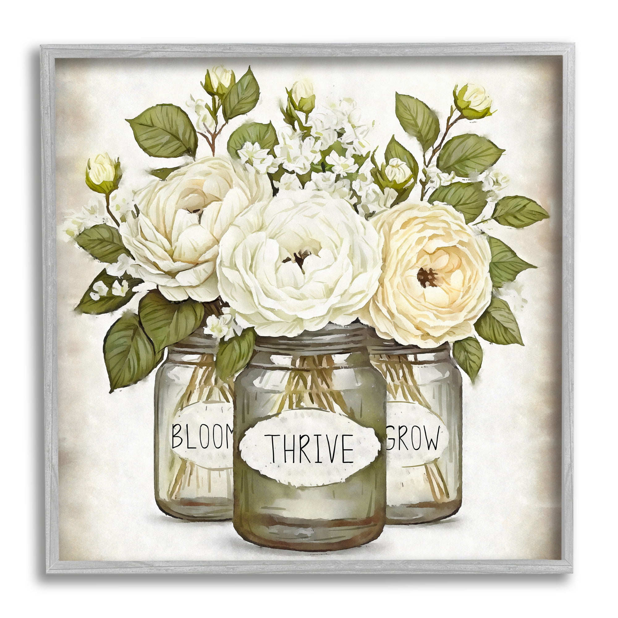 Stupell Industries Bloom Thrive Grow Country Flowers Botanical & Floral Painting Gray Framed Art Print Wall Art